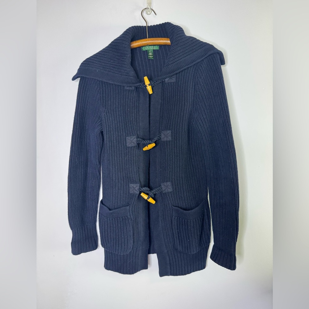 Ralph Lauren Knit Cardigan Chunky Womens Black Toggle Buttons Long Sleeves Sz S
